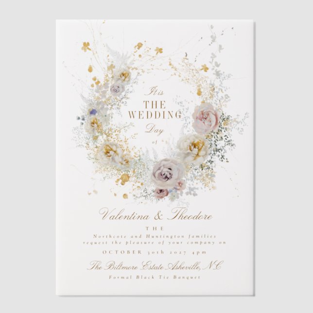 whimsical botanical wreath romantic wedding boho vellum invitations (Front)