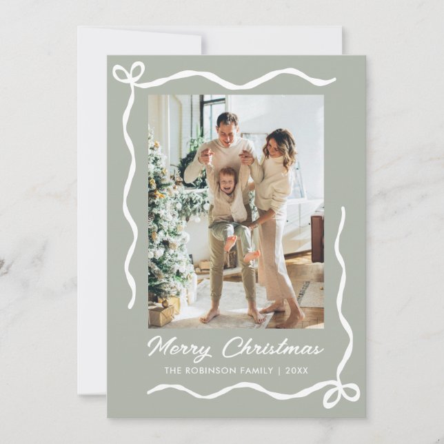 Whimsical Bow 2 Photo Sage Green Merry Christmas  Holiday Card (Front)