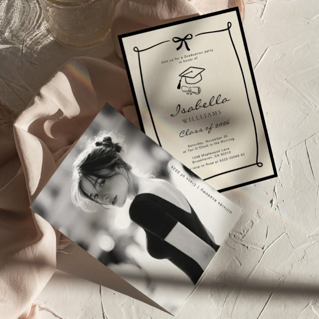 Whimsical Bow Black and White Graduation party Invitation (Creator Uploaded)