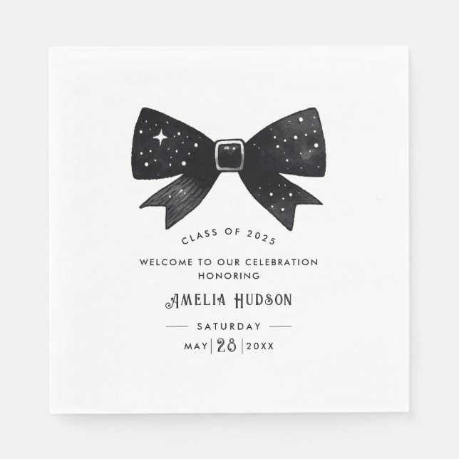 Whimsical Bow Black & White Graduation Party Napkin (Front)