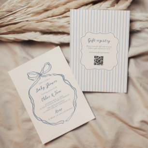 Whimsical Bow Blue Stripes Baby Shower Invitation