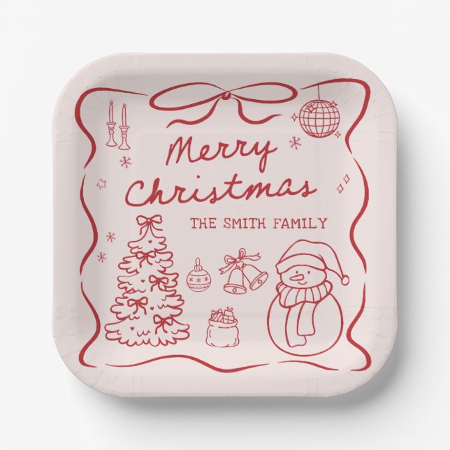 Whimsical Bow Christmas Party Paper Plates (Front)