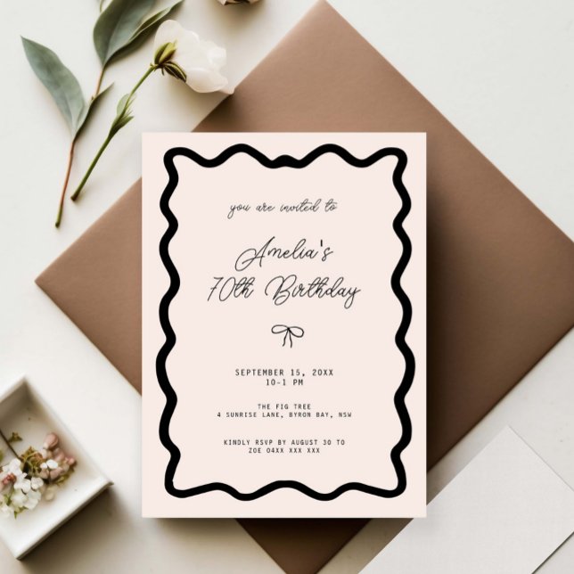 Whimsical Bow cursive border 70th birthday Invitation (Creator Uploaded)