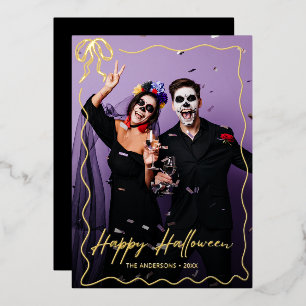 Whimsical Bow Frame Happy Halloween Photo Foil Holiday Card