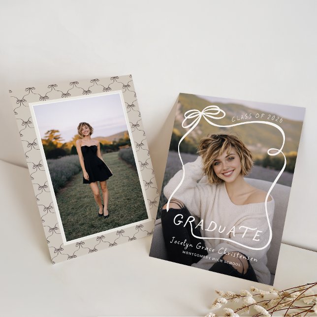 Whimsical Bow Frame Overlay Graduation Invitation (Front and Back View)
