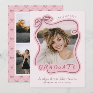 Whimsical Bow Frame Photo Collage Pink Graduation Invitation