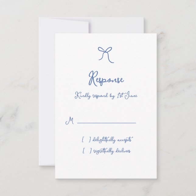 Whimsical Bow French Blue Wedding RSVP Card (Front)