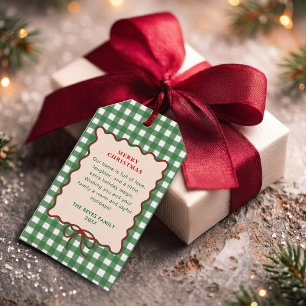 Whimsical Bow Green Gingham Christmas Gift Tags