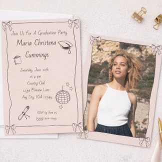 Whimsical Bow Hand‑Drawn Photo Graduation Party Invitation