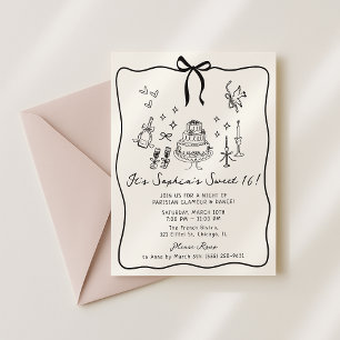 Whimsical Bow, hand drawn Sweet 16 Birthday Invitation