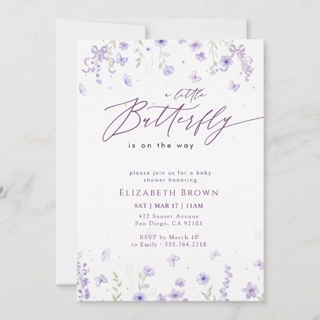 Whimsical Bow Lavender Butterfly Baby Shower Invitation (Front)