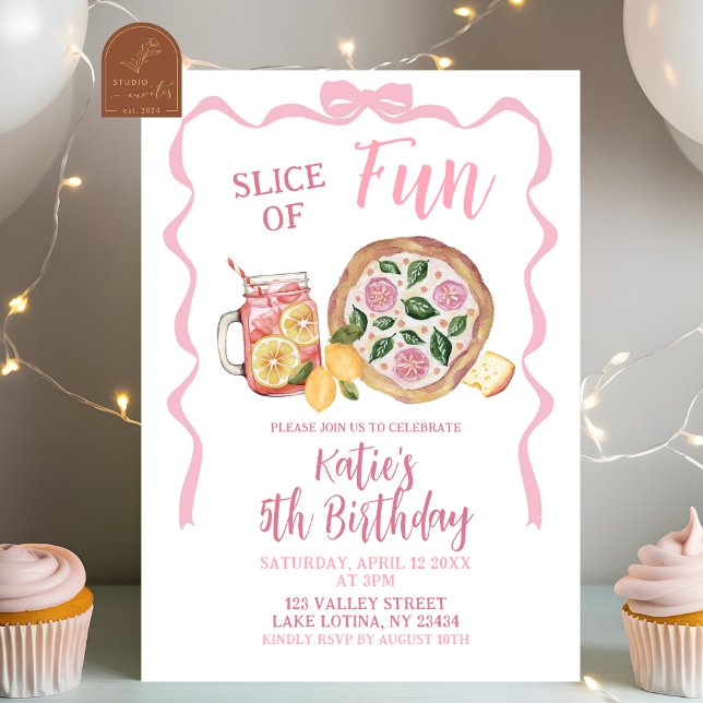 Whimsical Bow Lemonade and Pizza Girl Birthday Invitation (Creator Uploaded)