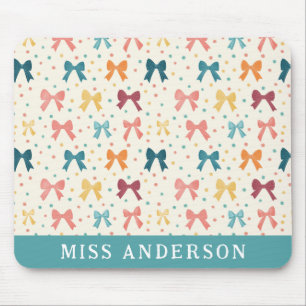 Whimsical Bow Pattern Rainbow Ribbons Custom Name Mouse Mat