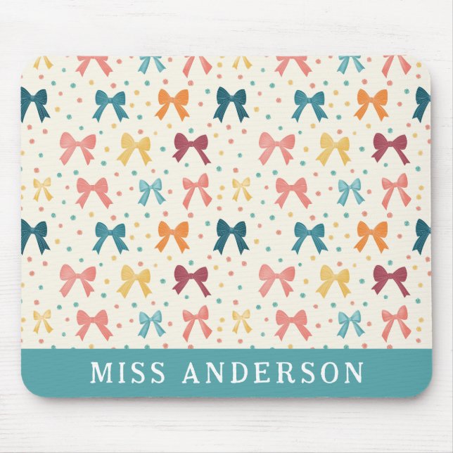 Whimsical Bow Pattern Rainbow Ribbons Custom Name Mouse Mat (Front)