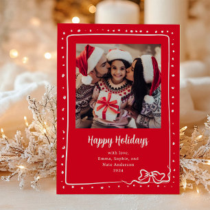 Whimsical Bow   Photo Happy Holidays Red Holiday Card