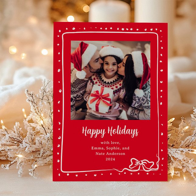 Whimsical Bow | Photo Happy Holidays Red Holiday Card (Creator Uploaded)