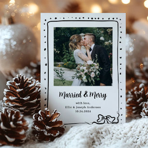 Whimsical Bow Photo Married and Merry Newlywed Holiday Card