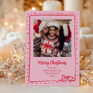 Whimsical Bow Photo Merry Christmas Pink and Red Holiday Card