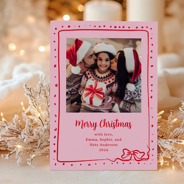 Whimsical Bow | Photo Merry Christmas Pink and Red Holiday Card (Creator Uploaded)