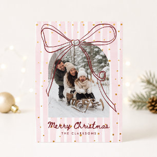 Whimsical Bow Pink Stripe Christmas Photo Card