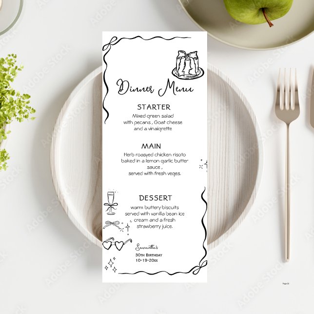 Whimsical Bow Quirky Hand Drawn Bow Birthday  Menu (Creator Uploaded)