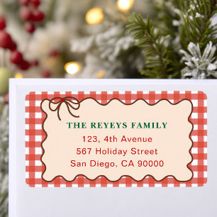 Whimsical Bow Red Gingham Christmas Return Address Label
