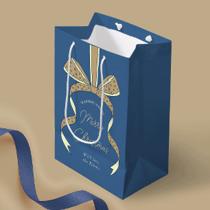 Whimsical Bow & Ribbon Blue Beige Merry Christmas Medium Gift Bag