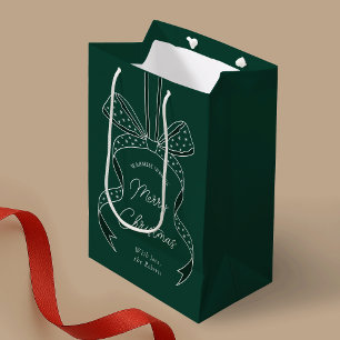Whimsical Bow & Ribbon Dark Green Merry Christmas Medium Gift Bag