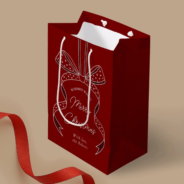 Whimsical Bow & Ribbon Festive Red Merry Christmas Medium Gift Bag (red and white whimsical ribbon and bow custom name Christmas gift bag)