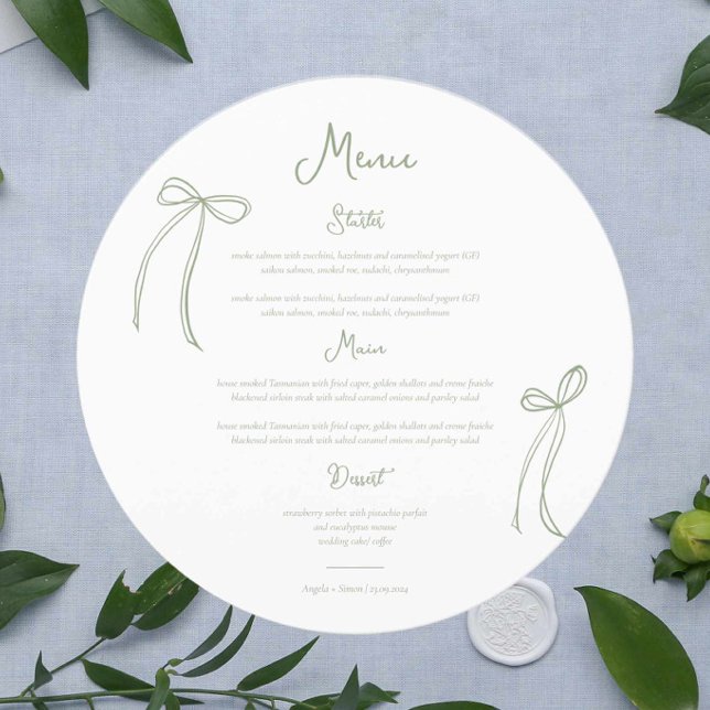 Whimsical Bow Sage Green Wedding Circular Menu (Creator Uploaded)