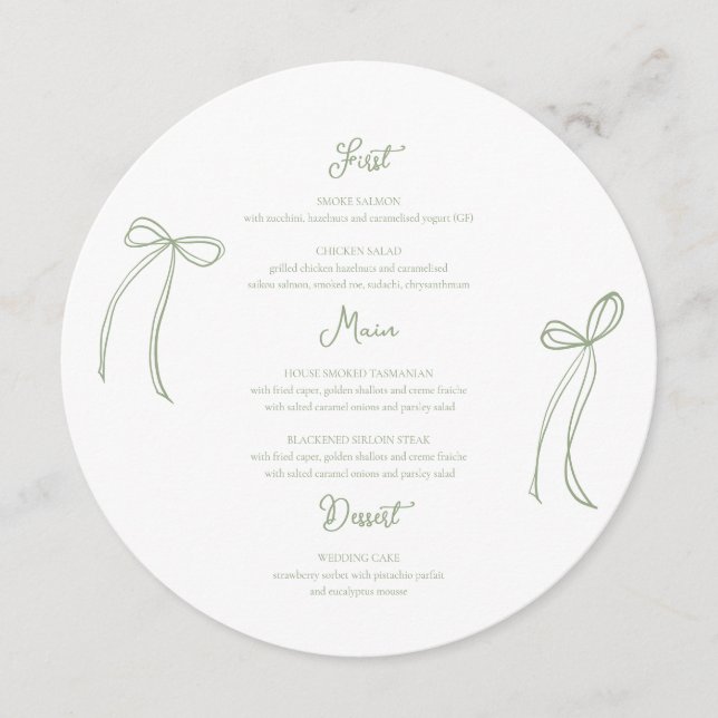 Whimsical Bow Sage Green Wedding Circular Menu (Front)