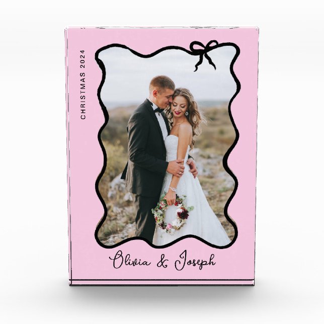 Whimsical Bow | Wavy Blush Pink and Black Photo Block (Front)