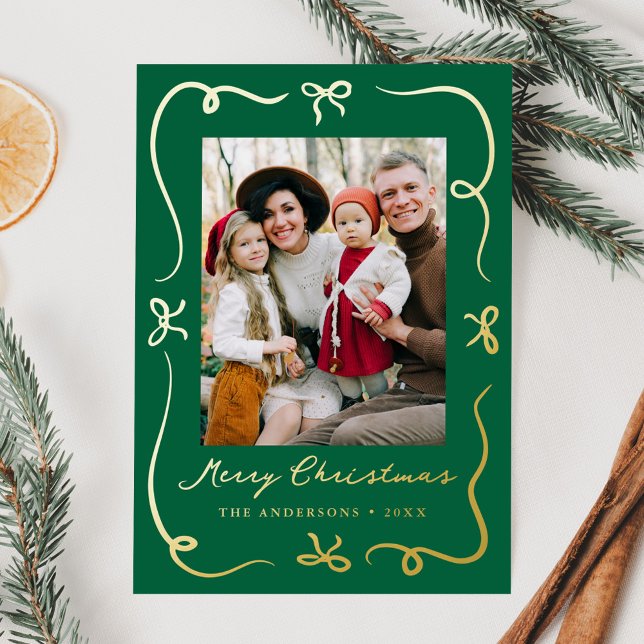 Whimsical Bows Green Photo Foil Holiday Card (Creator Uploaded)