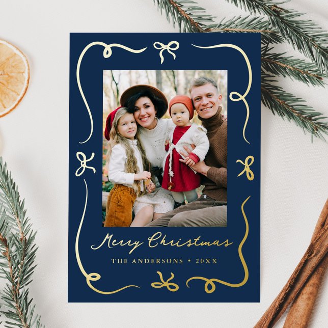 Whimsical Bows Navy 2 Photo Foil Holiday Card (Creator Uploaded)