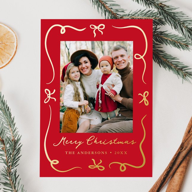 Whimsical Bows Red 2 Photo Foil Holiday Card (Creator Uploaded)