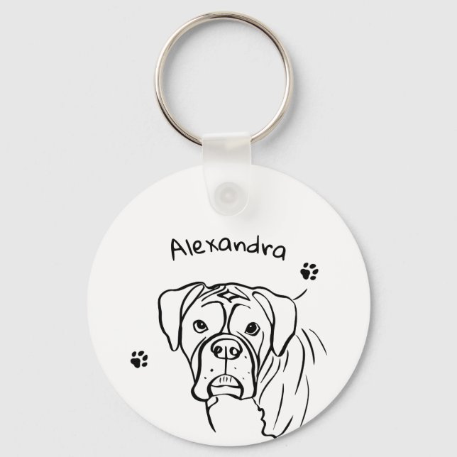 Whimsical Boxer: Editable Text Line Art Key Ring (Front)