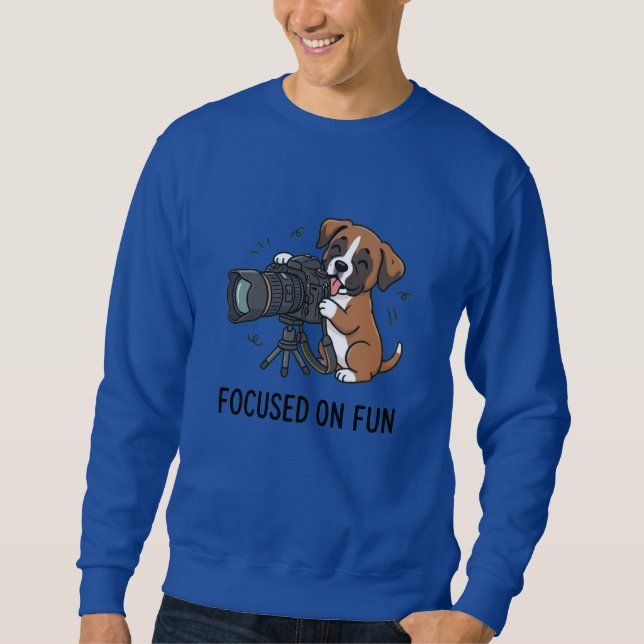 Whimsical Boxer Puppy with Camera Focused On Fun Sweatshirt (Front)