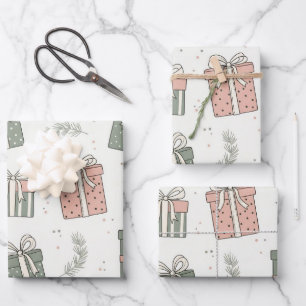 Whimsical Boxes Bows Sage Green Pink Christmas Wrapping Paper Sheet