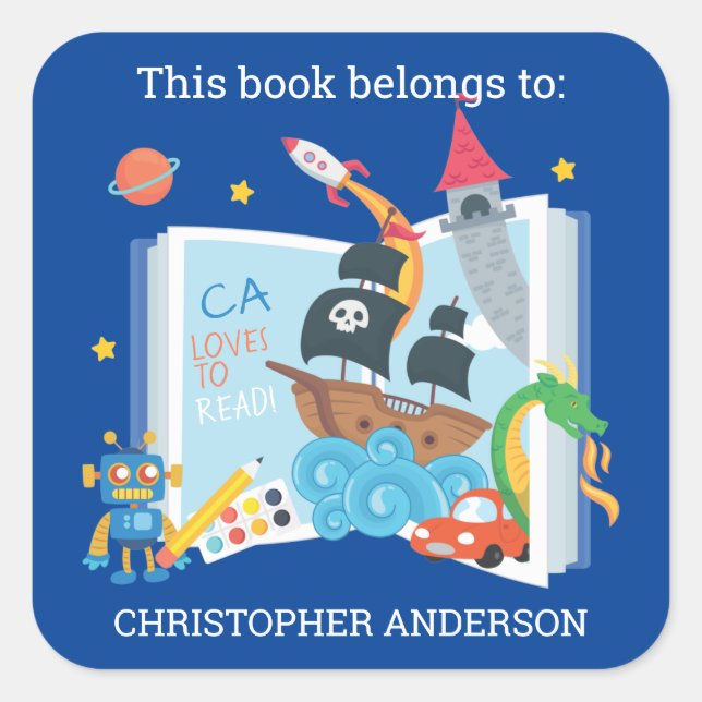 Whimsical Boy Bookplate Square Sticker (Front)