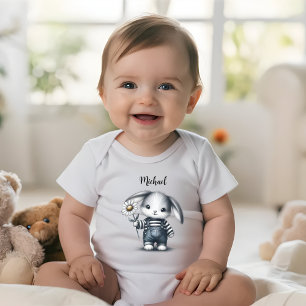 Whimsical Boy Bunny With Name Baby Bodysuit