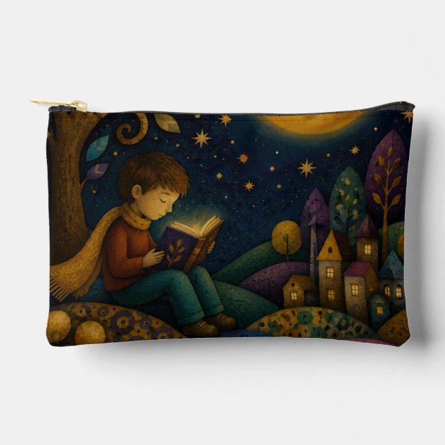 WHIMSICAL BOY READING UNDER MOON ACCESSORY POUCH (Front)