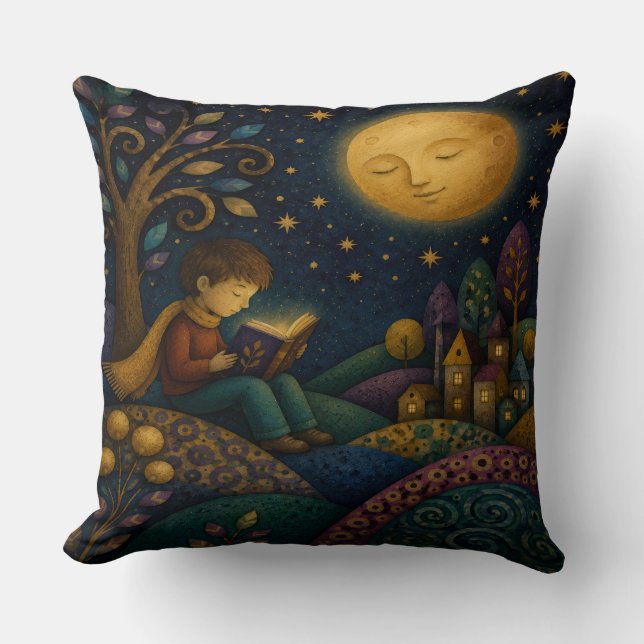 WHIMSICAL BOY READING UNDER MOON CUSHION (Front)