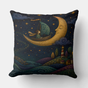 WHIMSICAL BOY SAILING GOLDEN CRESCENT MOON CUSHION