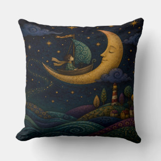 WHIMSICAL BOY SAILING GOLDEN CRESCENT MOON CUSHION