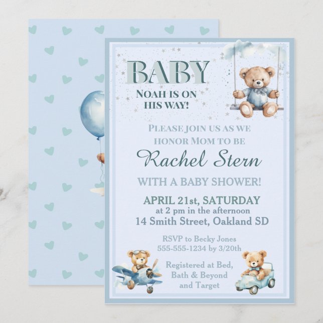 Whimsical Boy Teddy Bear Baby Shower Invitation (Front/Back)