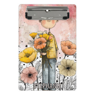 Whimsical Boy Watercolor with Floral Accents (1) Mini Clipboard
