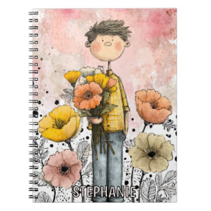 Whimsical Boy Watercolor with Floral Accents (1) Notebook