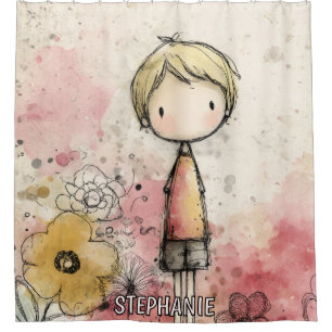 Whimsical Boy Watercolor with Floral Accents (2) Shower Curtain