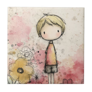 Whimsical Boy Watercolor with Floral Accents (2) Tile