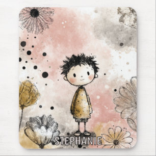 Whimsical Boy Watercolor with Floral Accents (3) Mouse Mat